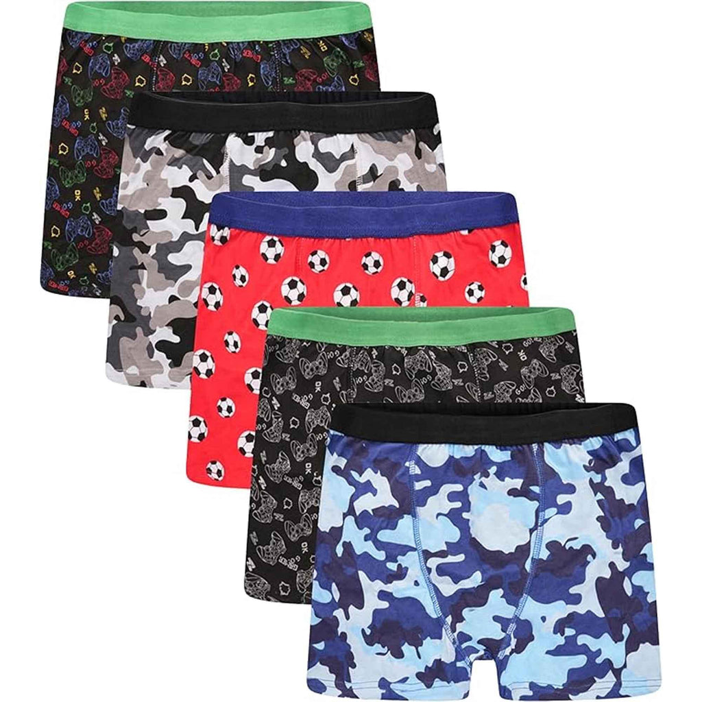 pack-of-5-boys-boxer-shorts-cotton-rich-football-army-gamer-designs-elastic-waistband-comfortable-underwear-for-active-kids-by-sock-stack-5-6-yrs-assorted-boxer-shorts-1178362220 - Bobobiy