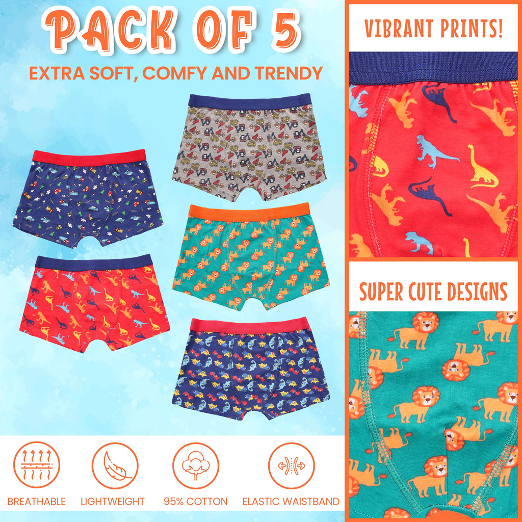 Pack of 5 Boys Boxer Shorts Fun Prints Comfortable Underpants Elastic Waistband Breathable Stretchable Kids Boxer Trunks for Everyday Wear