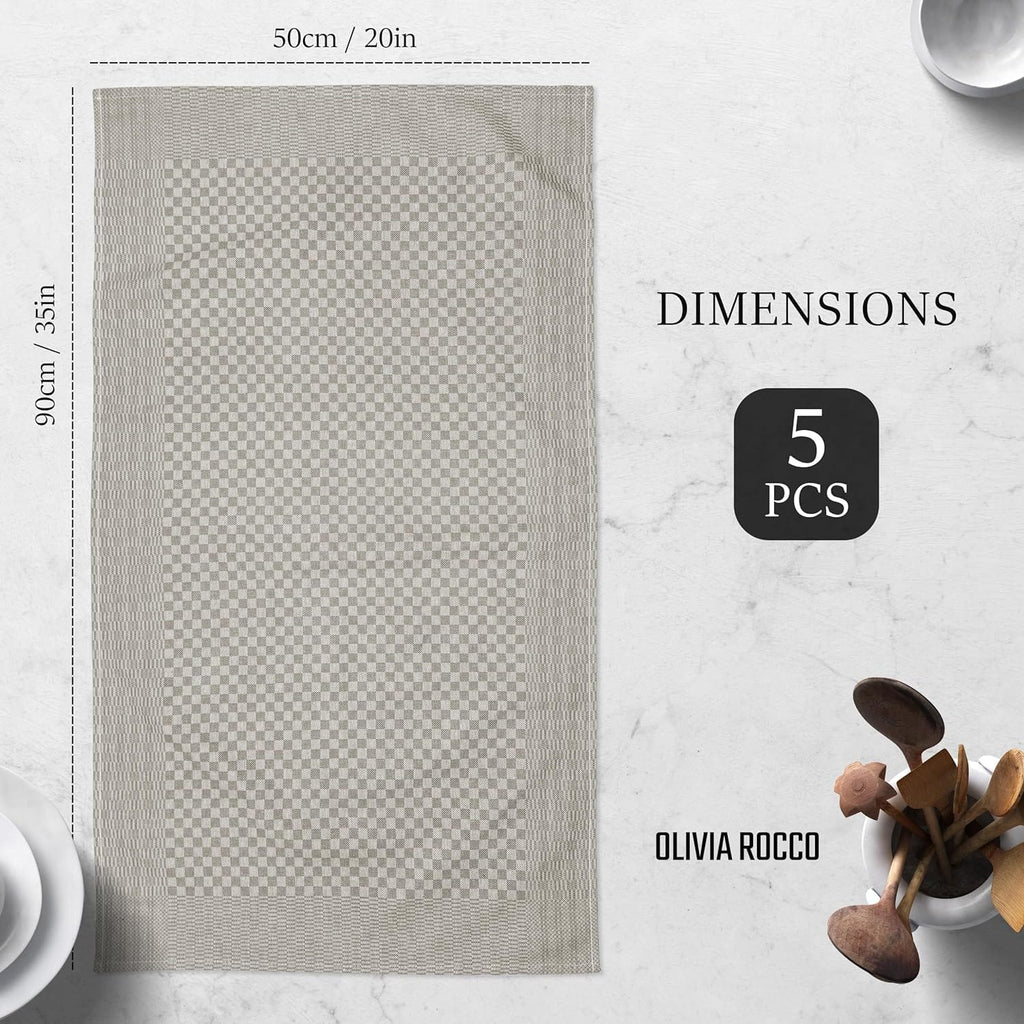 Pack of 5 Large Super Absorbent 100 Percent Cotton Tea Towels Quick Dry Durable Check Pattern Dish Cloths for Kitchen Home and Professional Use