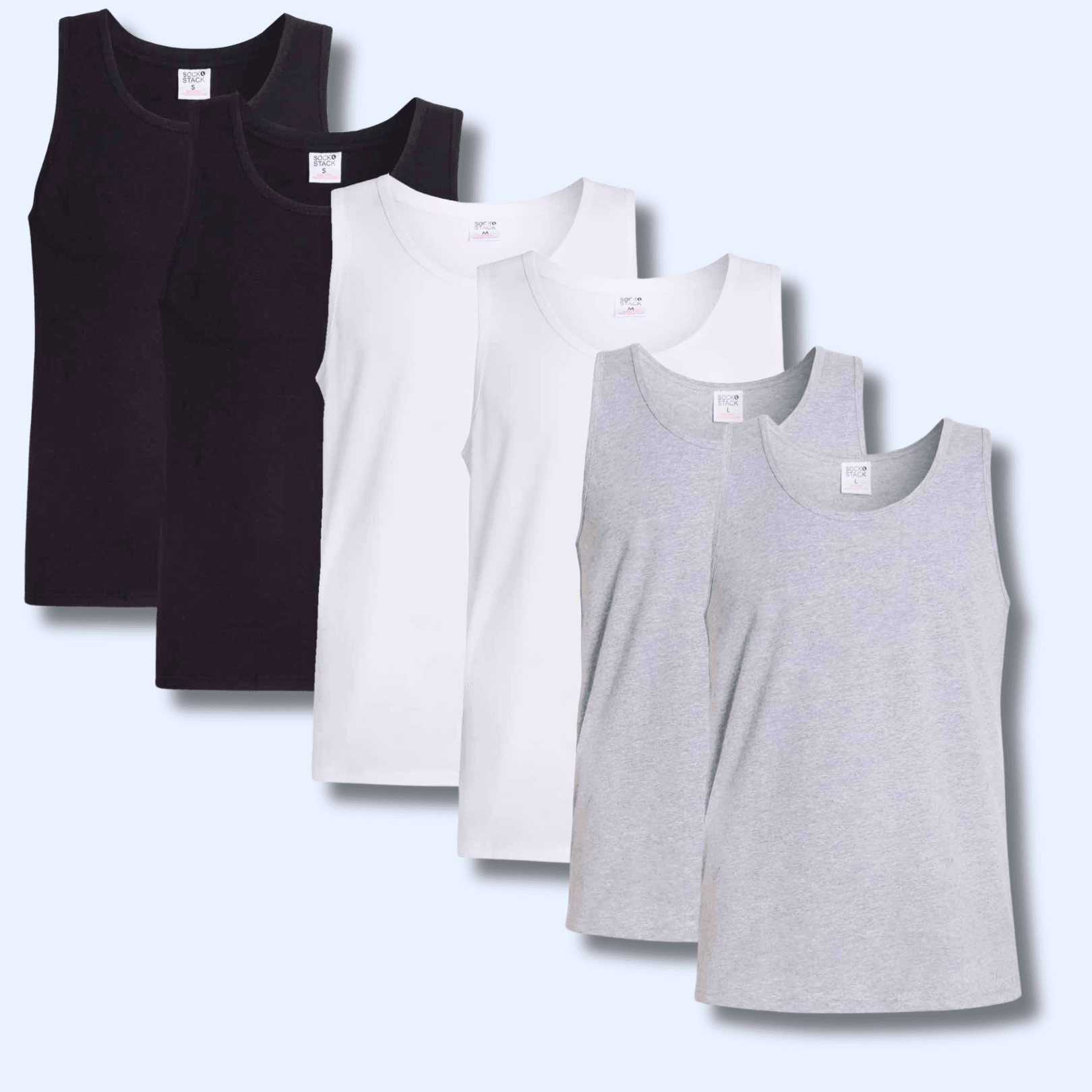 Pack of 6 Men's Cotton Blend Gym Muscle Vests Fitted Lightweight Comfortable Breathable Summer Wear Sizes S to XXL Available in Black Grey Navy White