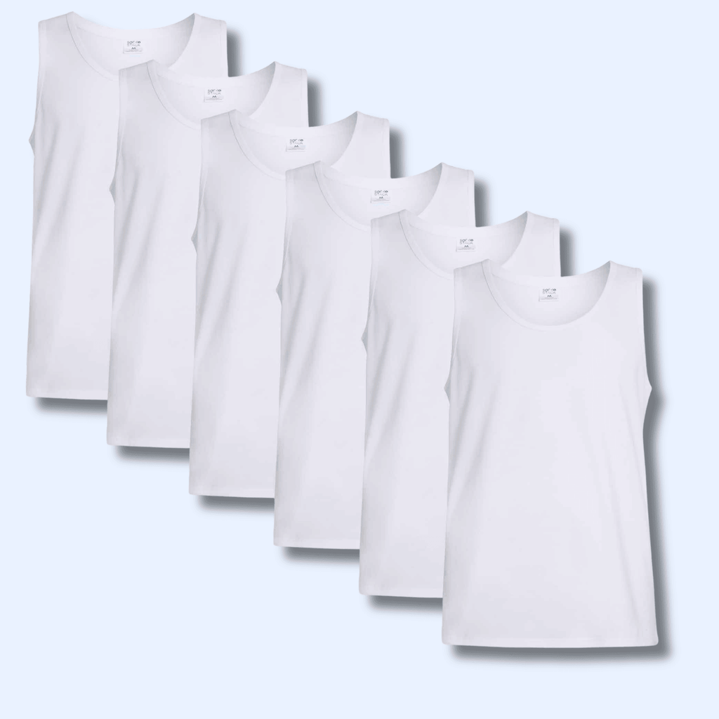 Pack of 6 Men's Cotton Blend Gym Muscle Vests Fitted Lightweight Comfortable Breathable Summer Wear Sizes S to XXL Available in Black Grey Navy White