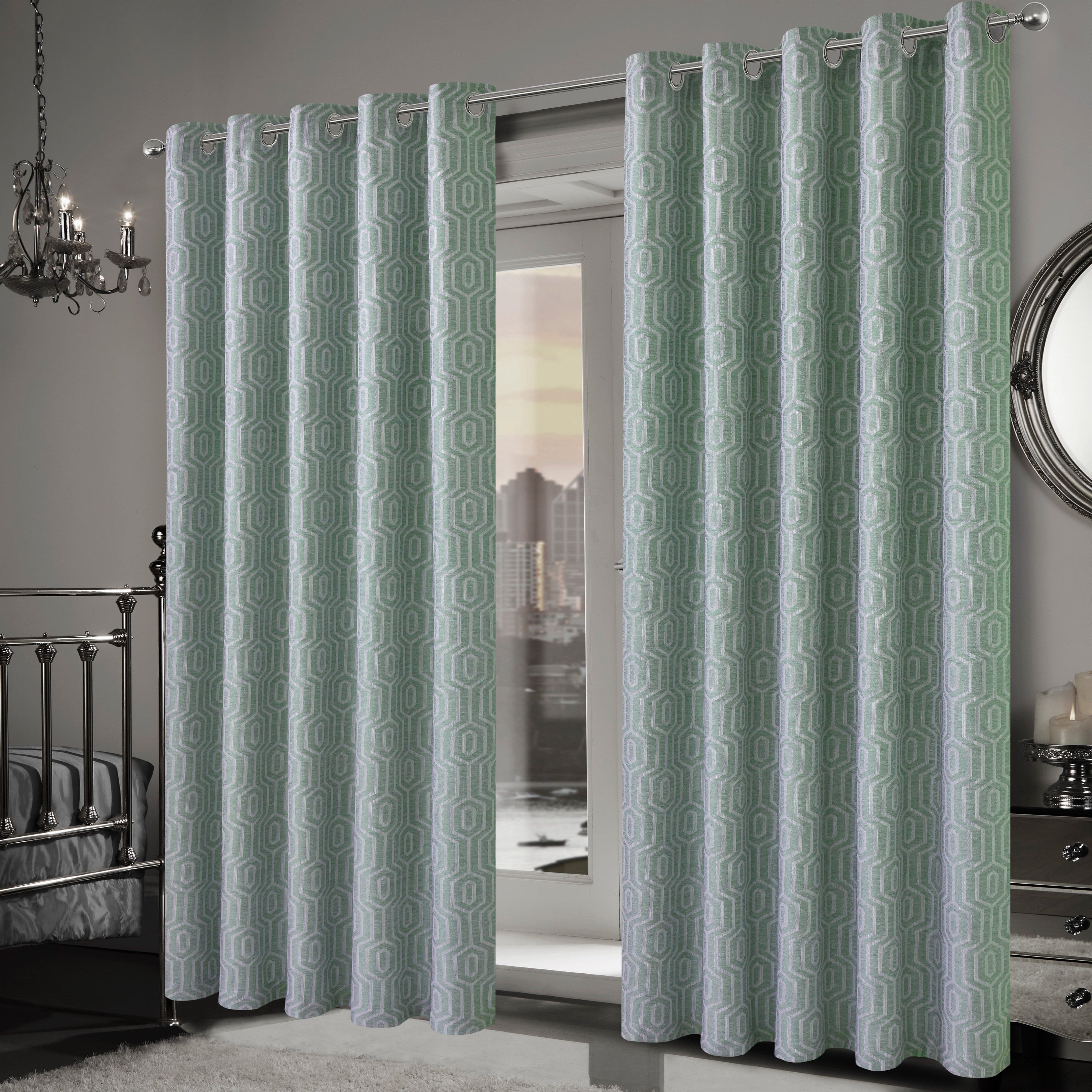 Paris Eyelet Jacquard Curtains Sage Green Geometric Pattern Thermal Insulated Light Blocking for Bedroom Lounge