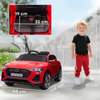 Red kids electric ride-on car with black seat and steering wheel, front view