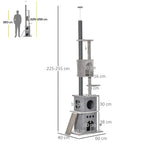 Light grey adjustable cat tree height and dimension diagram with platforms and scratching posts