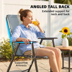 Light grey high-back folding chair with angled back and supportive armrests; person relaxing