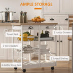 White kitchen trolley cart with towel rack, wire baskets, drawers, and wine rack