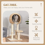 Beige cat tree with round woven condo and two lower platforms on sisal posts
