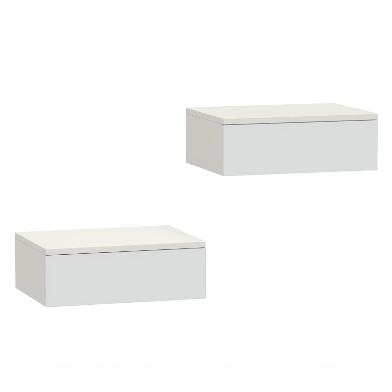 White wall-mounted floating nightstand set with glossy drawer, rectangular design