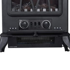 Black electric fireplace heater lower front with two control knobs and air vent