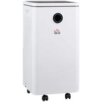 White dehumidifier with circular power button and front air intake grille