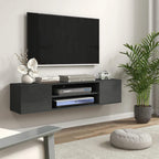 Grey wall-mounted TV console with open center shelf and side storage cabinets