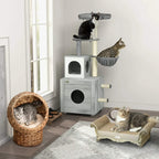 Rattan wicker cat bed dome with light cushion, with cats resting inside and nearby