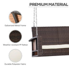 Rattan hanging swing bench with galvanized metal frame and cream cushion