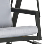 Grey three-seat swing chair close-up of armrest support and padded seat cushion