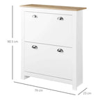 White shoe cabinet with wood top and two drawers, each with silver curved handle