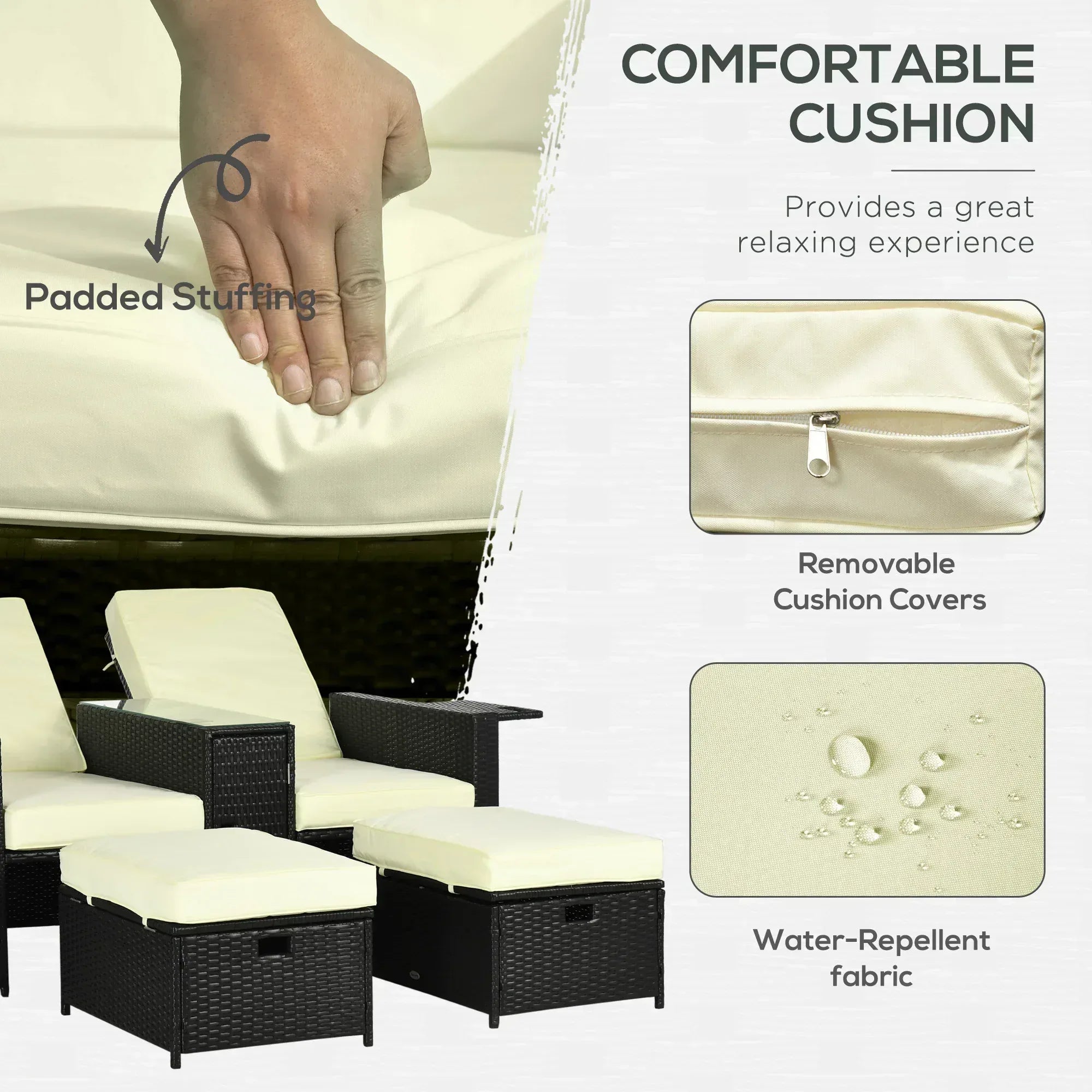 5PC PE Rattan Sun Lounger, Outdoor Wicker 5-level Adjustable Recliner Sofa Bed with Storage Side Table and Footstools, for Patio, Garden, Poolside, Black - Bobobiy