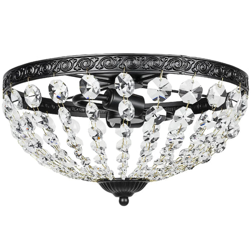 Black flush mount ceiling light with clear crystal octagonal bead fringe and metal rim