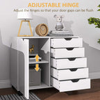 White cabinet with adjustable hinges; door open to show drawer compartments and hinge hardware