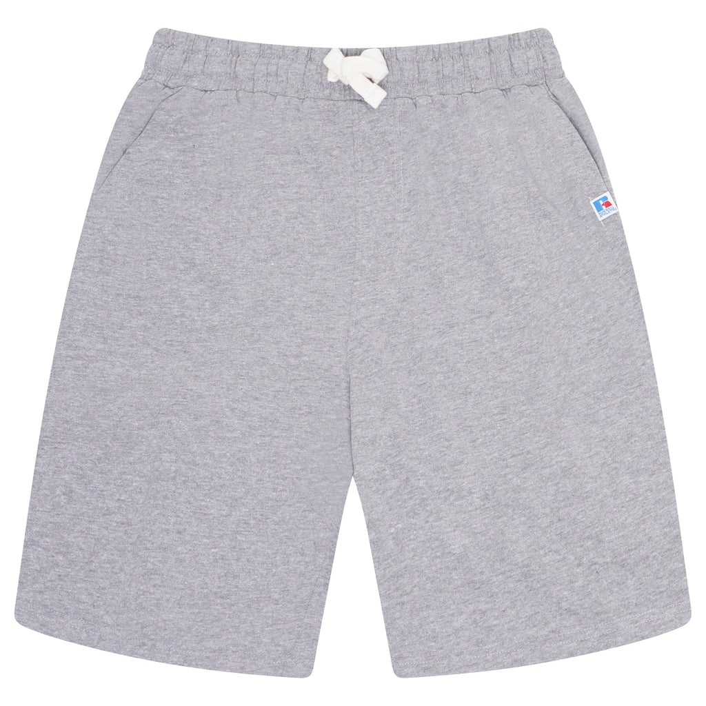 Light grey heather jersey shorts with elastic waist and drawstring