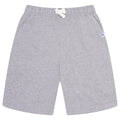 Light grey heather jersey shorts with elastic waist and drawstring
