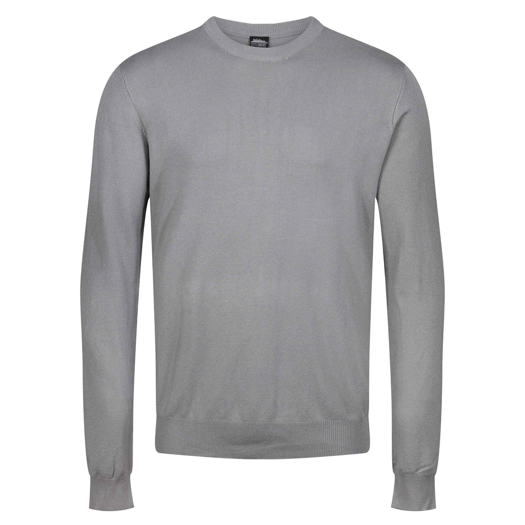 Light grey crew neck jumper with long sleeves and ribbed collar, cuffs, hem