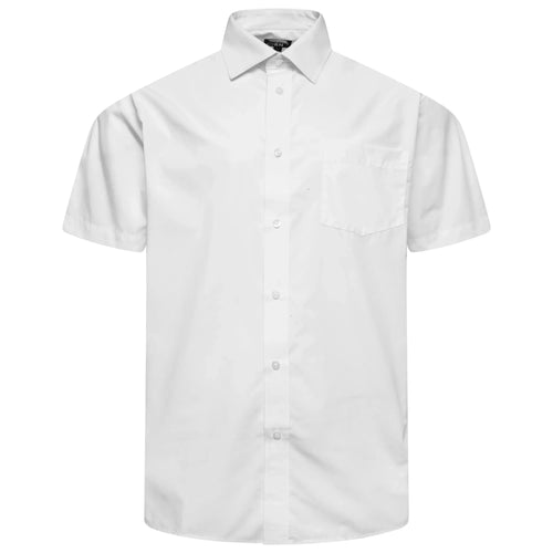 White short-sleeve button-up shirt with pointed collar and button front