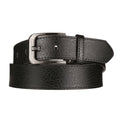Black leather belt with silver rectangular buckle, punched holes, and textured finish.