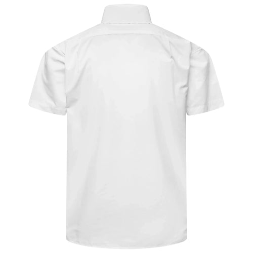White short-sleeve button-up shirt, back view with pointed collar