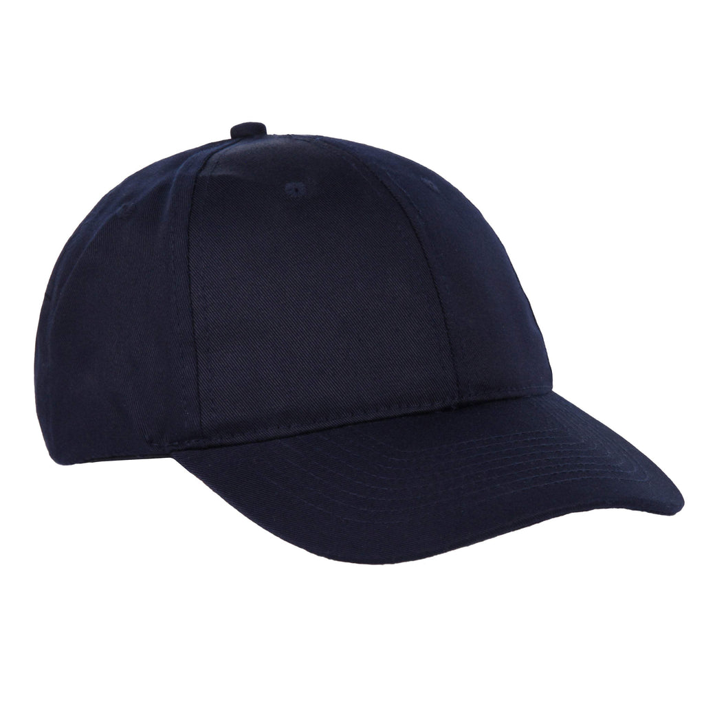 Navy blue classic baseball cap with curved brim and small top button.