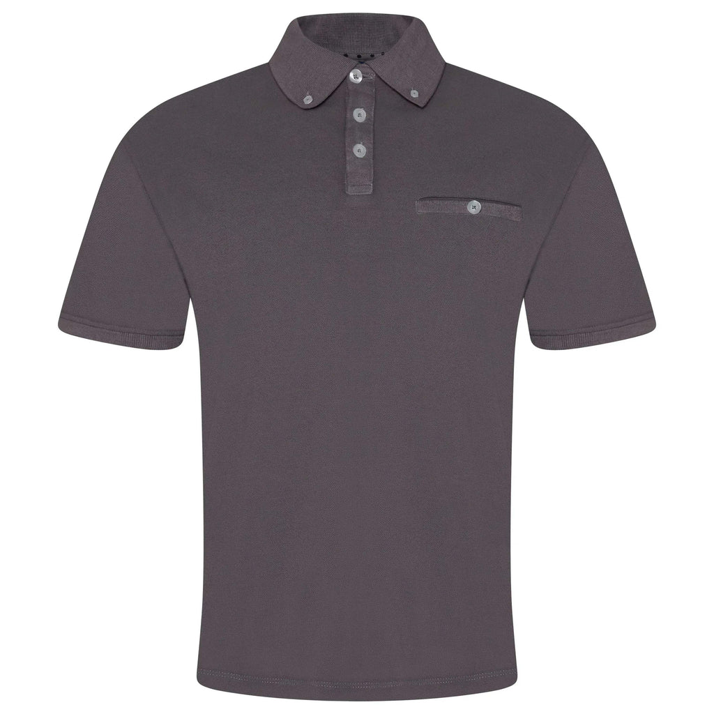 Steel grey short-sleeve polo shirt with button placket, collar, and chest pocket.