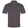 Steel grey short-sleeve polo shirt with button placket, collar, and chest pocket.