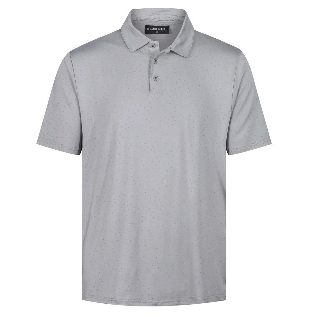 Grey dot print golf polo shirt with short sleeves and button placket