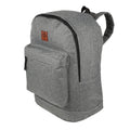 Grey fabric backpack bag with top handle, front zip pocket, and logo patch
