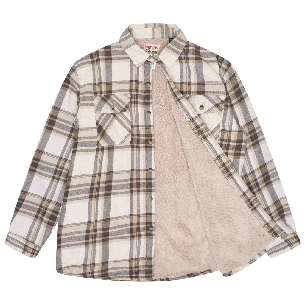 Sherpa-lined plaid overshirt with beige-and-brown check, open front showing tan sherpa lining