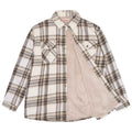 Sherpa-lined plaid overshirt with beige-and-brown check, open front showing tan sherpa lining