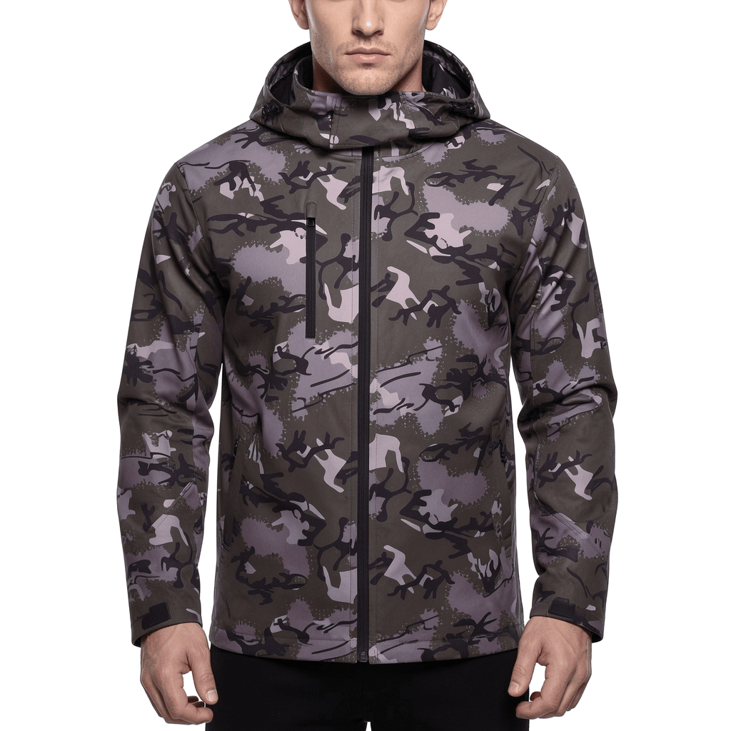 Green camo hooded softshell jacket with full-zip front and adjustable cuffs