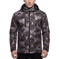 Green camo hooded softshell jacket with full-zip front and adjustable cuffs