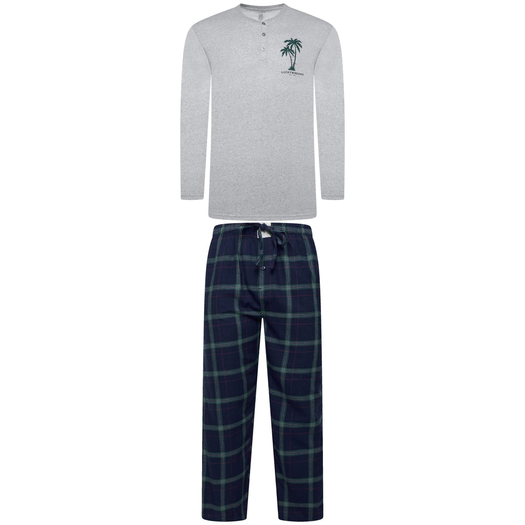 Heather gray henley and navy plaid flannel pajama set with long sleeves and drawstring pants
