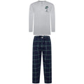 Heather gray henley and navy plaid flannel pajama set with long sleeves and drawstring pants