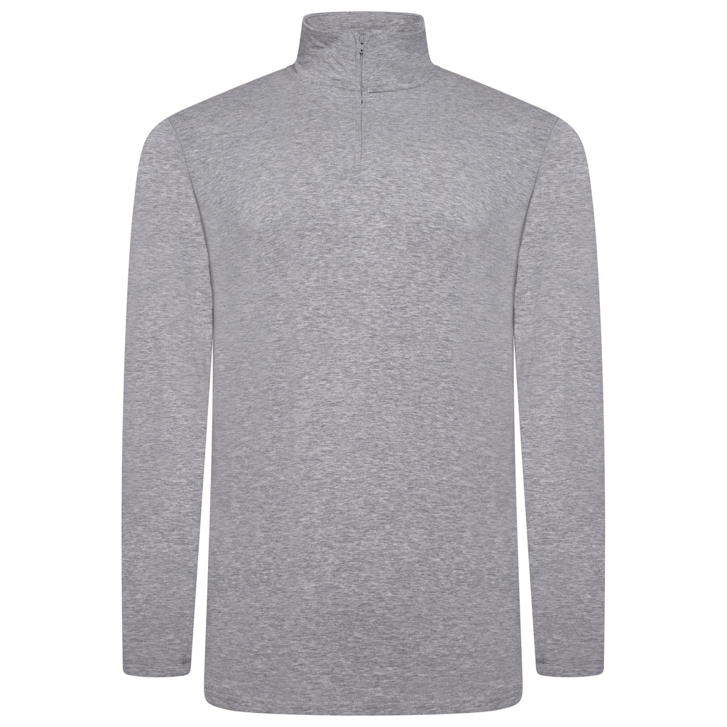 Light grey thermal quarter-zip pullover with stand collar and long sleeves (front view).