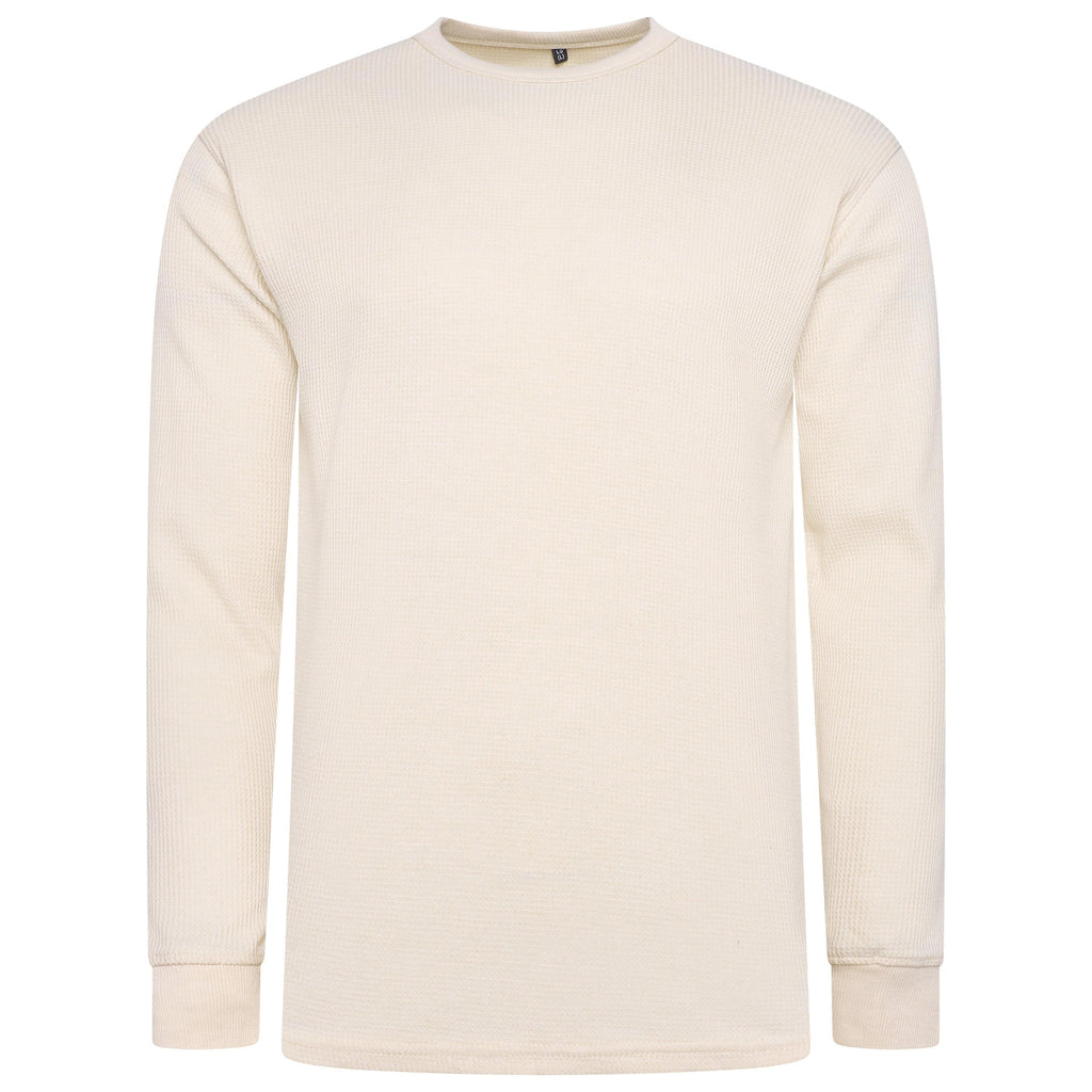 Cream waffle knit crew neck long-sleeve T-shirt, front view