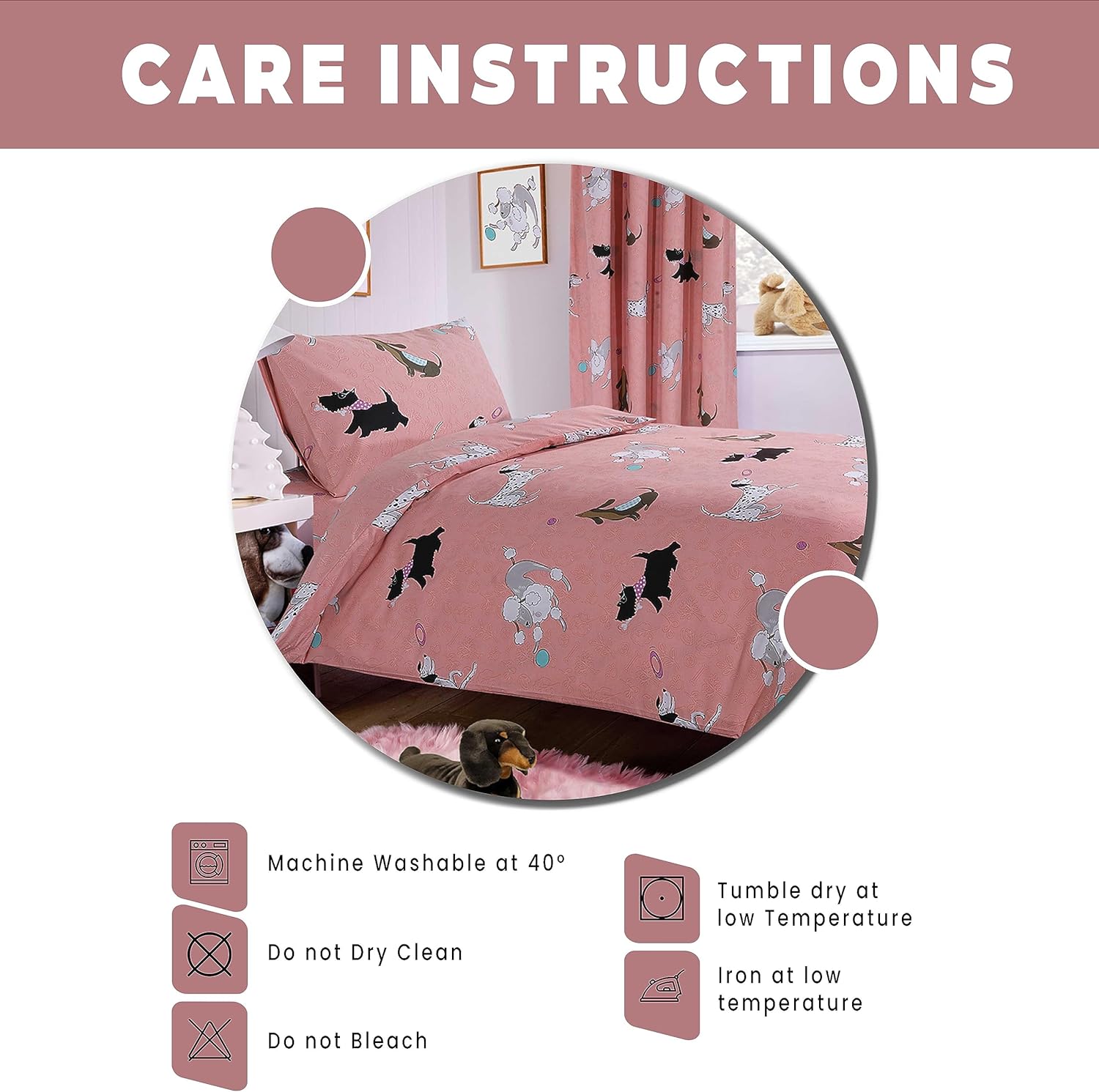 Pink Dog Print Duvet Cover Set with Matching Curtains Cosy Cotton Blend Bedding for Kids and Adults