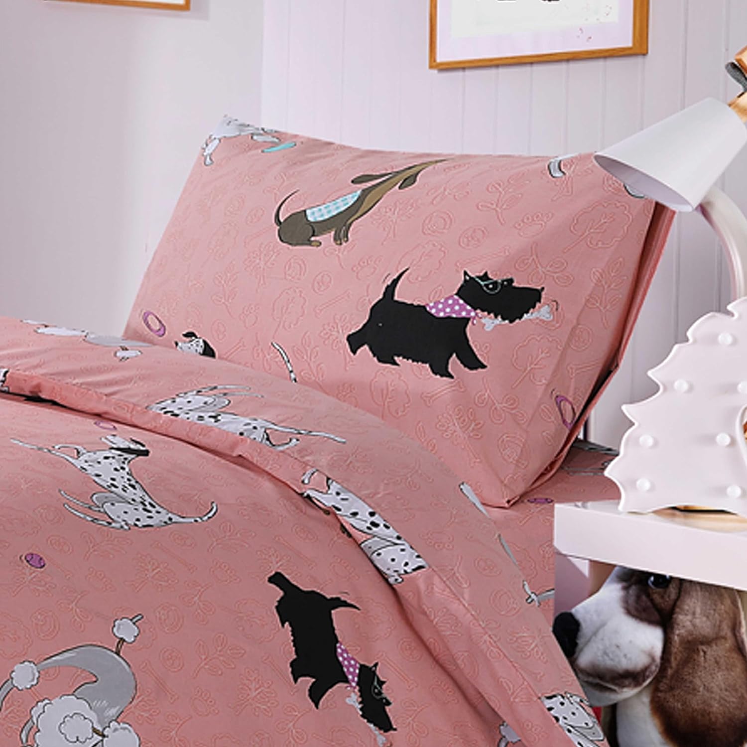 Pink Dog Print Duvet Cover Set with Matching Curtains Cosy Cotton Blend Bedding for Kids and Adults