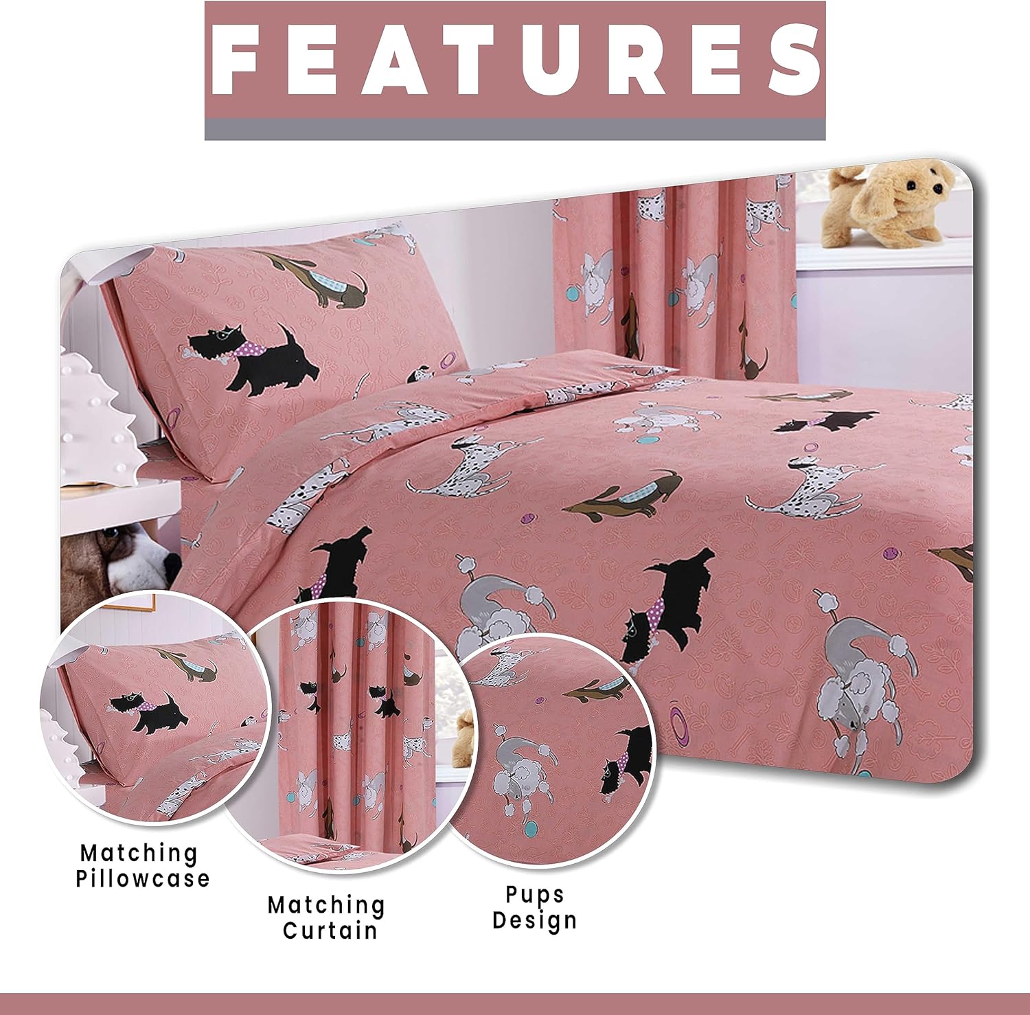 Pink Dog Print Duvet Cover Set with Matching Curtains Cosy Cotton Blend Bedding for Kids and Adults