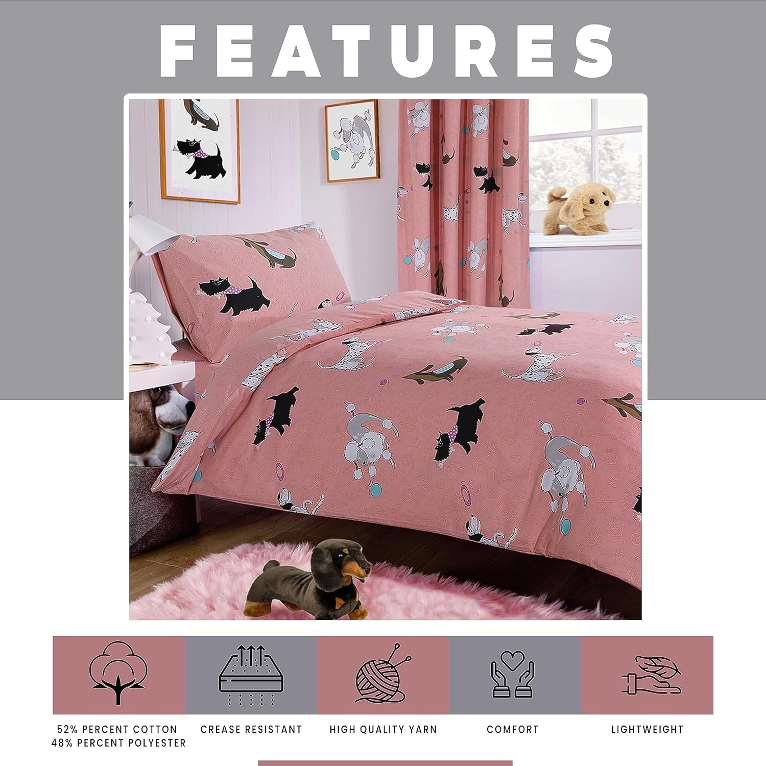 Pink Dog Print Duvet Cover Set with Matching Curtains Cosy Cotton Blend Bedding for Kids and Adults