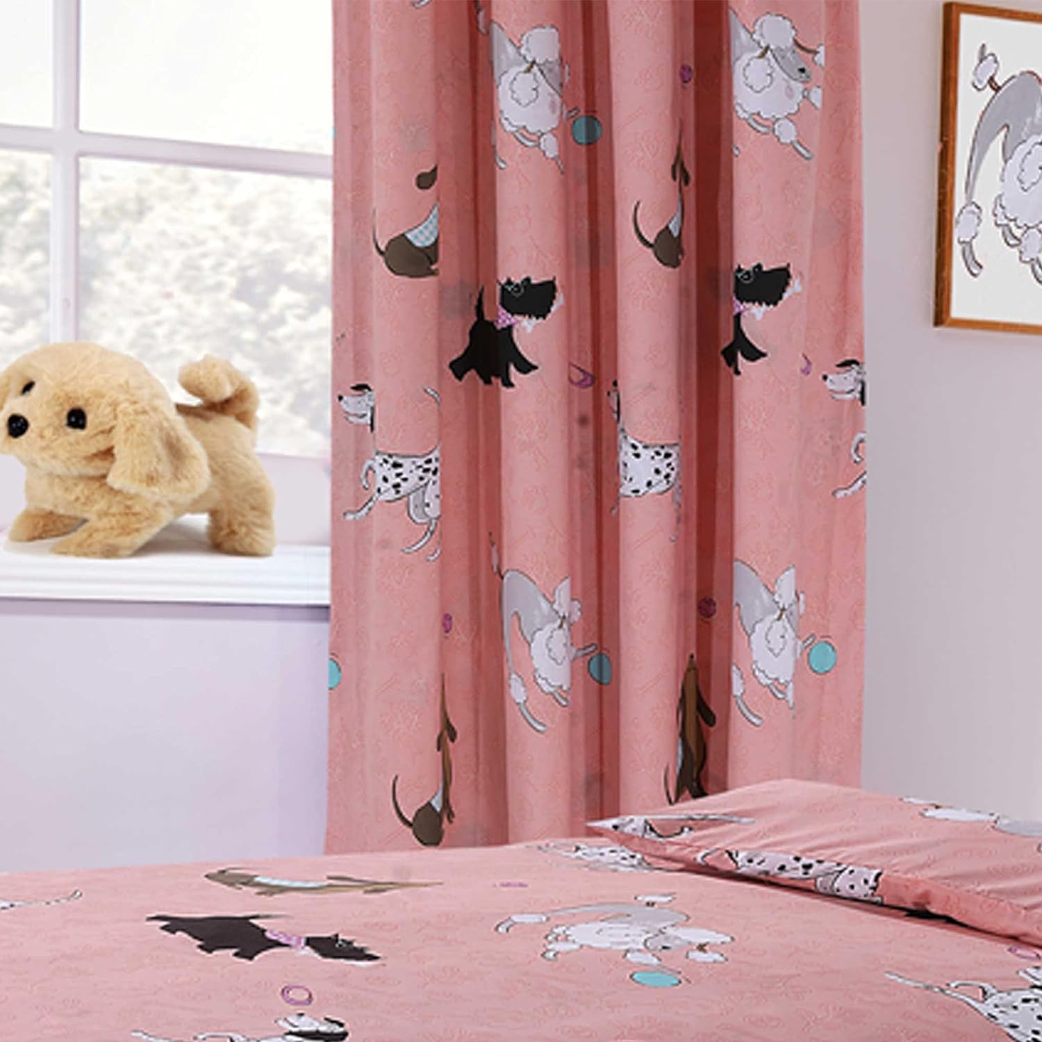 Pink Dog Print Duvet Cover Set with Matching Curtains Cosy Cotton Blend Bedding for Kids and Adults