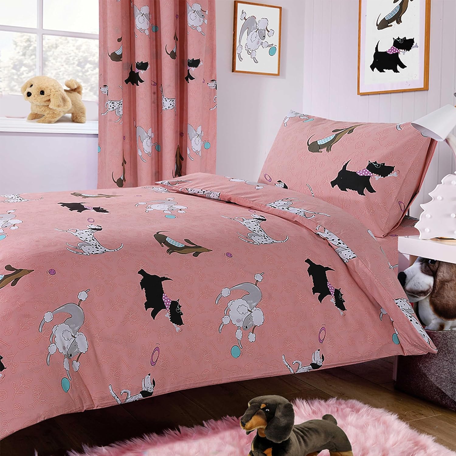 Pink Dog Print Duvet Cover Set with Matching Curtains Cosy Cotton Blend Bedding for Kids and Adults