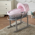 Pink Waffle Grey Wicker Baby Moses Basket With Stand - Bobobiy