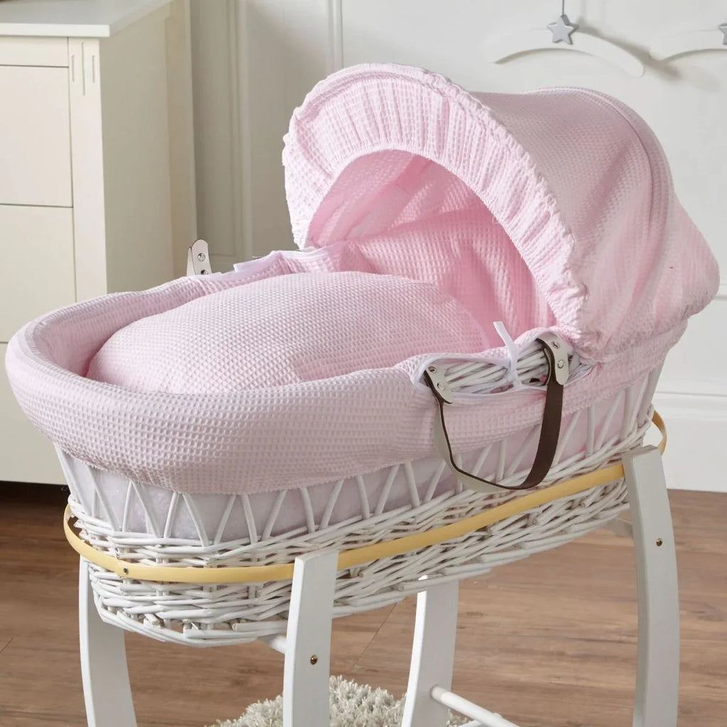 Pink Waffle White Wicker Baby Moses Basket With Stand - Bobobiy