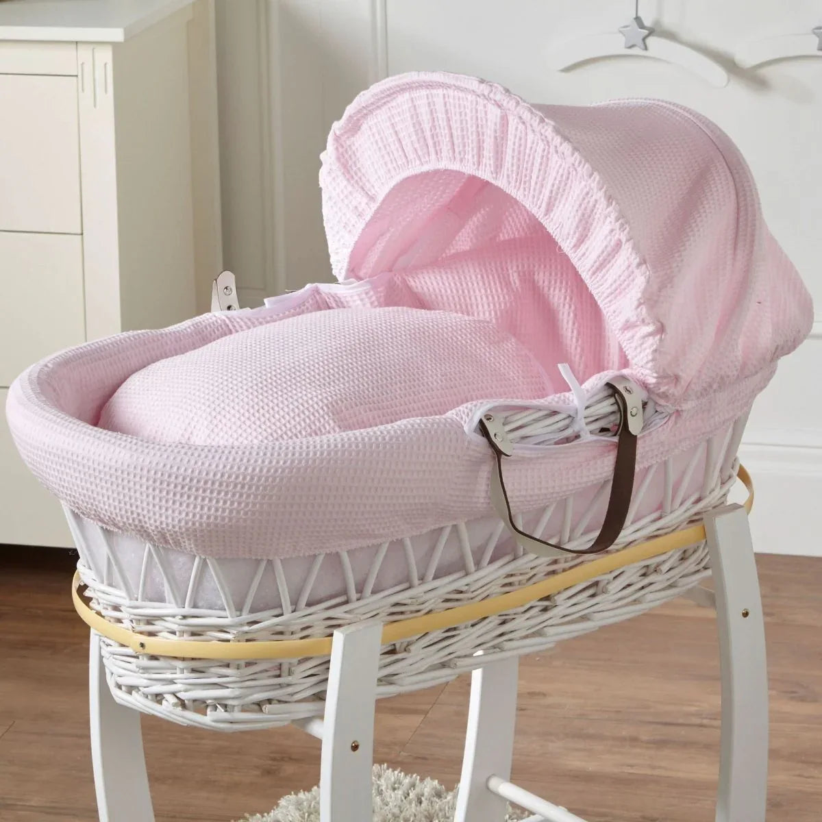 Pink Waffle White Wicker Baby Moses Basket With Stand - Bobobiy
